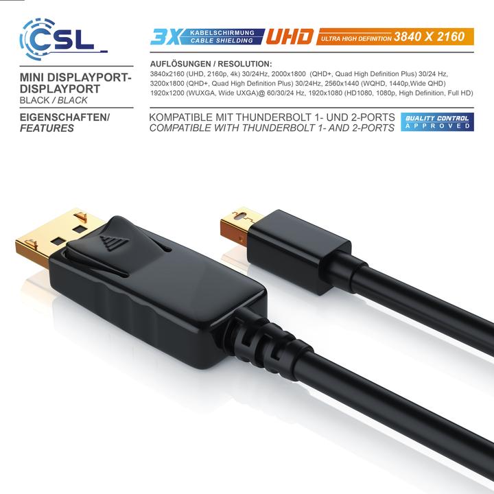 Produktbild CSL Mini DisplayPort zu DisplayPort Kabel - Audio Video Kabel - FullHD - kompatibel Apple Lenovo Surface (1 m, DisplayPort)