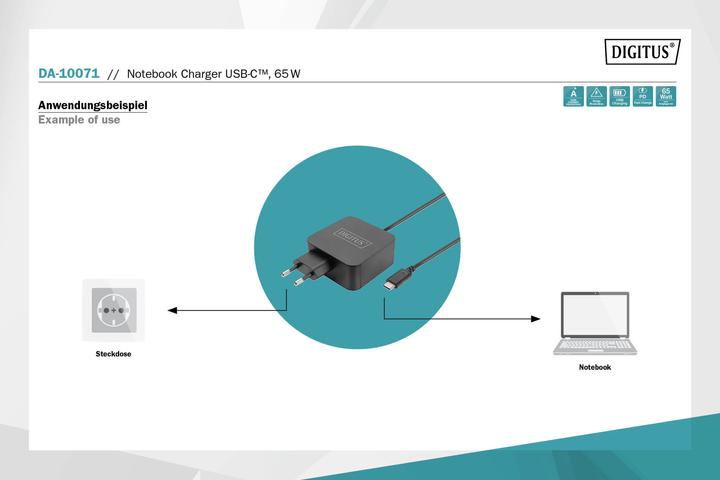 Image du produit Digitus Chargeur pour ordinateur portable Adaptateur secteur USB-C 65W PD3.0 DA-10071 1,2 m, noir (65 W)