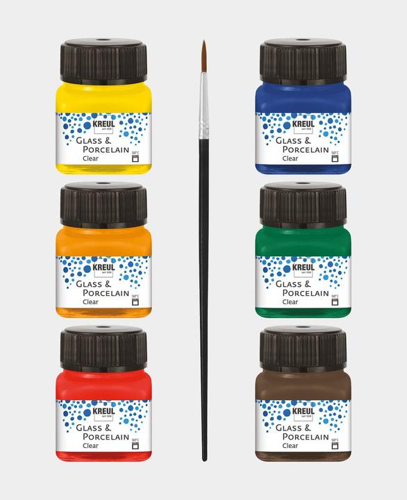 Actual product image Kreul glass & porcelain clear, set of 6 (Dark green, Cherry red, Sun yellow, Espresso brown, Dark Blue, Orange, 120 ml)