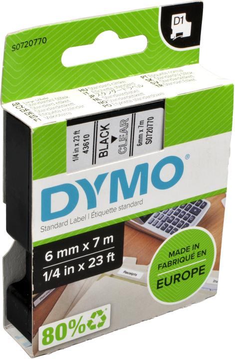 Produktbild Dymo D1 Schriftband 43610 6mmx7.0m schwarz->transp. (0.60 cm, Schwarz, Transparent)