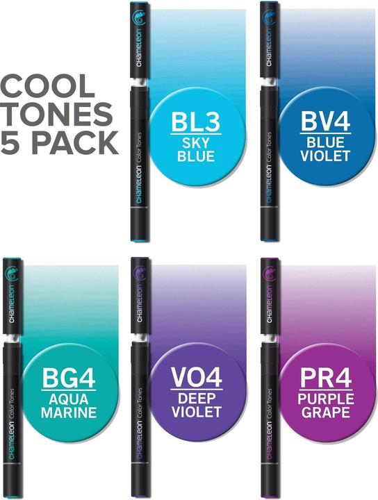 Image du produit Chameleon Crayons aquarelle Brushpens tons bleus, 5 pièces (Bleu clair, Gris, Violet, Bleu, Turquoise, 5 x)