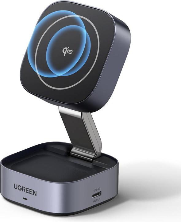 Actual product image Ugreen W702 3in1 inductive charger with MagSafe / Qi2 and USB-C port for phone / headphones - black (15 W)