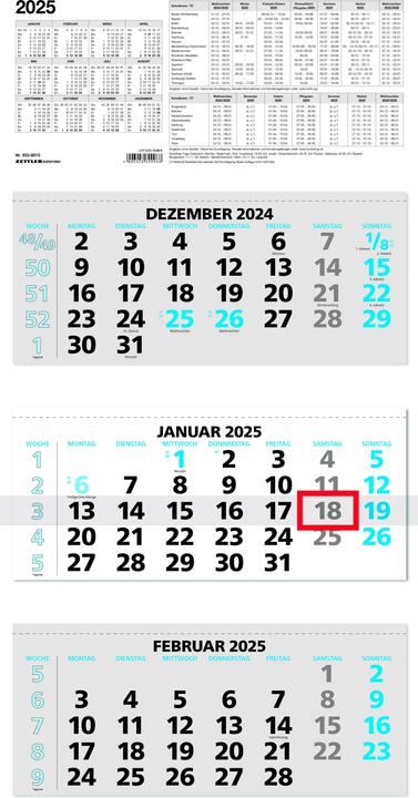Nährwerte und Zutaten 3-Monatskalender 2025 blau, 33,5x71cm, Bürokalender mit Jahresübersicht, Datumsschieber (Kein Einband, Deutsch)