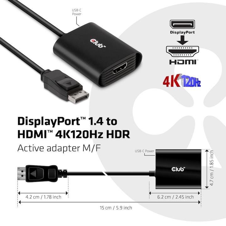 Produktbild Club 3D Adapter DP 1.4 auf HDMI 4K120Hz HDR Aktiver Adapter (HDMI, 6.20 cm)