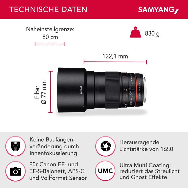 Image du produit Samyang 135mm f/2 - f/22 ED UMC - Canon EF (Canon EF, Plein format)