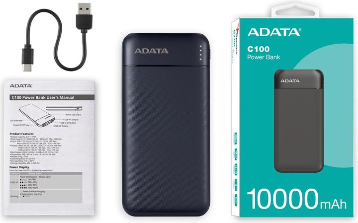 Actual product image Adata POWER BANK USB 10000MAH BLACK/PC100-14BK (10000 mAh, 20 W, 37 Wh)