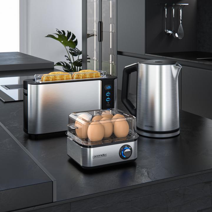 Produktbild Arendo Frühstücks Set, Wasserkocher 1,5l Temperaturwahl, 2-Scheiben Toaster & Eierkocher für 8 Eier, Silber