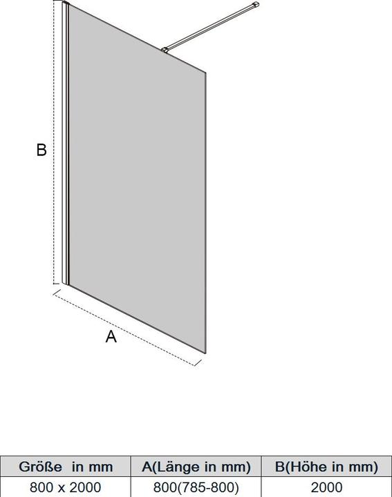 Produktbild SONNI Duschkabine eintürig, rahmenlos, begehbar, NANO behandeltes Glas 80x195 cm (160 cm, 140 cm, 195 cm)