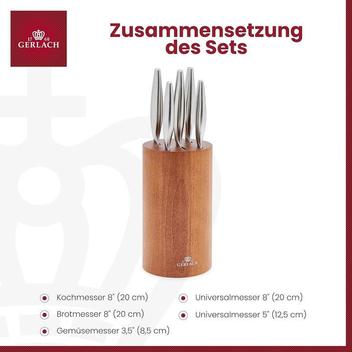 Immagine prodotto Gerlach Ceppo di coltelli, set di 6 pezzi, coltelli da cucina in acciaio inox X50CrMoV15 con ceppo in