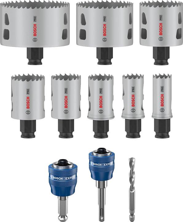 Actual product image Bosch Professional Zubehör PRO Multi Material PC Plus hole saw set, 11 pcs. (51 millimetres, 40 millimetres, 30 millimetres, 35 millimetres, 22 millimetres, 83 millimetres, 68 millimetres, 25 millimetres)