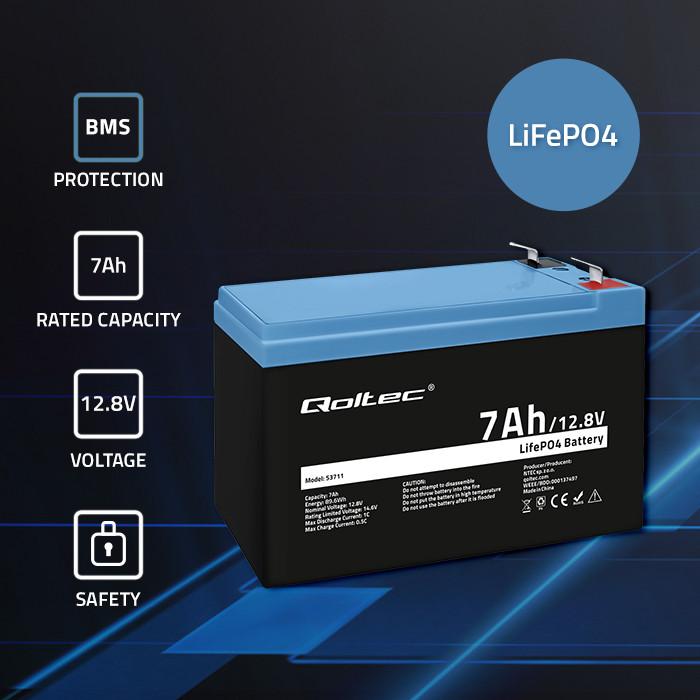 Actual product image Qoltec LiFePO4 lithium iron phosphate battery | 12 8 V | 7Ah | 89 6 Wh | BMS (12.80 V, 7 Ah)