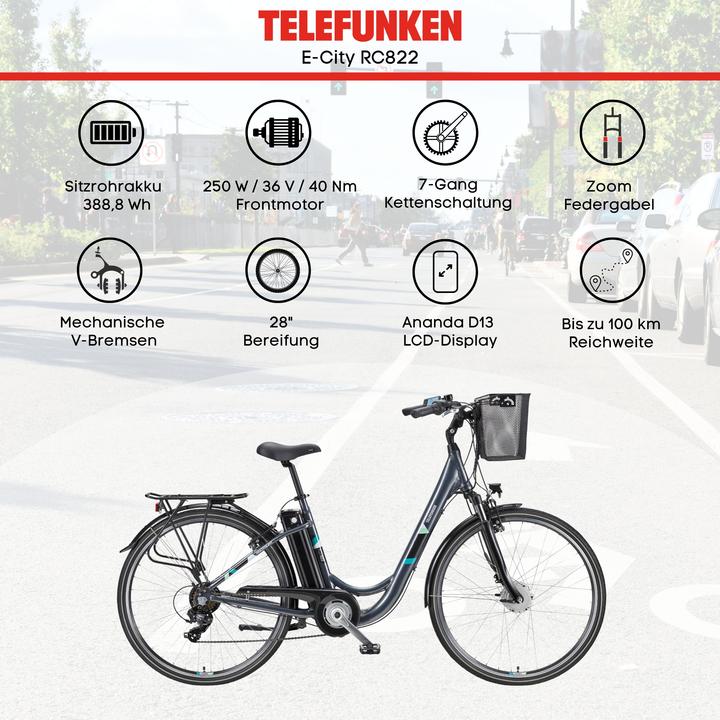 Produktbild Telefunken Multitalent RC822, City E-Bike, Motor power 250 W, Wheel size 28 ", Warranty 24 month(s), Anthracite (49 cm)
