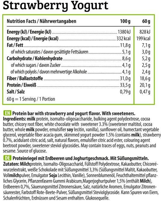 Nährwerte und Zutaten HEJ Nutrition HEJ Protein Bar (12 x 60g) (Strawberry-Yoghurt, 1 Stk., 720 g)