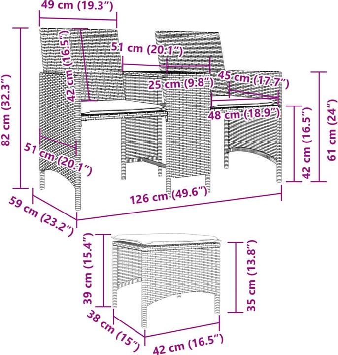 Produktbild VidaXL Gartensofa 2-Sitzer mit Tisch und Hockern