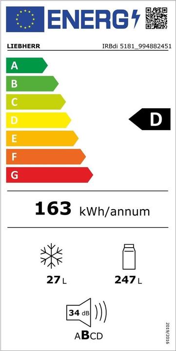 Energie-Label Liebherr Integrierbarer Kühlschrank mit BioFresh Professional (274 l)