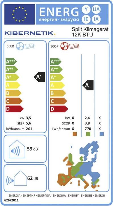 Energy Label Kibernetik FSP air conditioner (60 m², 11942.50 BTU/h)
