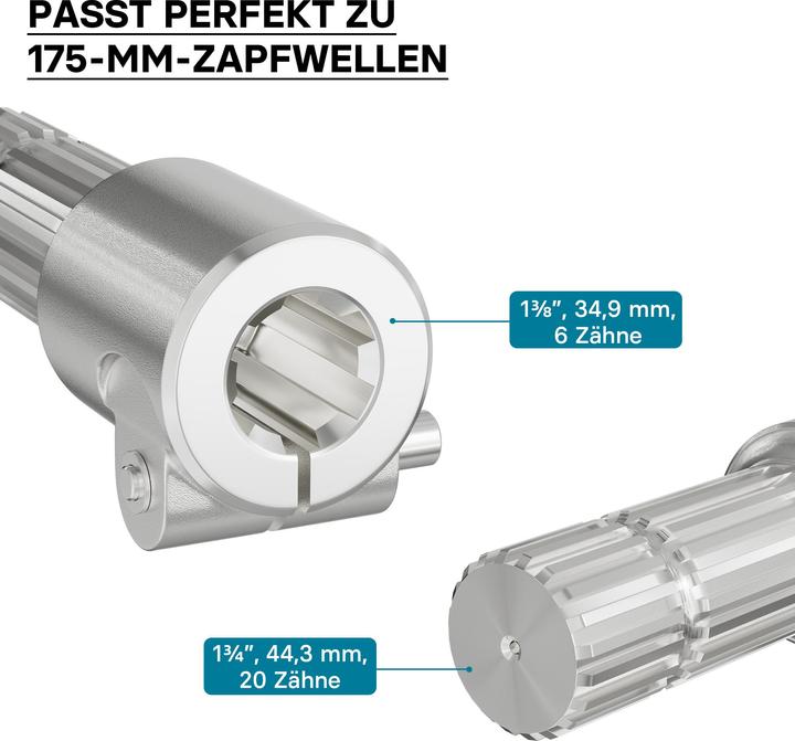 Produktbild Wiltec Zapfwelle 175mm Buchse Keilwellenaufnahme 1 3/8" Z6 für Ausgangswelle 1 3/4" Z20 (Traktorzubehör)