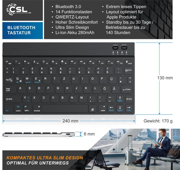 Produktbild CSL Wireless Tastatur, Ultra Slim Keyboard, Bluetooth, Aluminium Gehäuse, DE Layout, BT 3.0, schwarz (DE, Kabellos)
