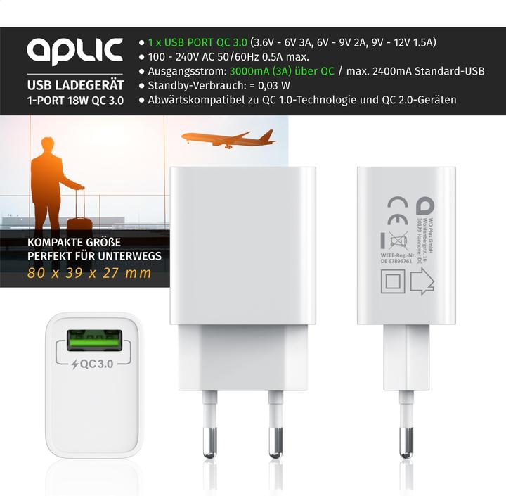 Actual product image Aplic USB charger 18W Quick Charge 3.0, fast charging function, for smartphones, tablets, white (18 W)