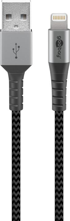 Actual product image Goobay Lightning to USB-A textile cable with metal plugs (space gray/silver) 1 m, 1 m, Black-Grey (1 m, USB 2.0)