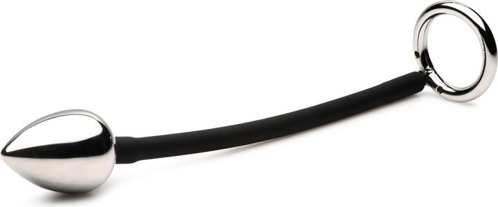 Actual product image Master Series XR Brands - Tug + Plug Cock & Ball Ring with Anal Plug - Black & Silver (5 cm)