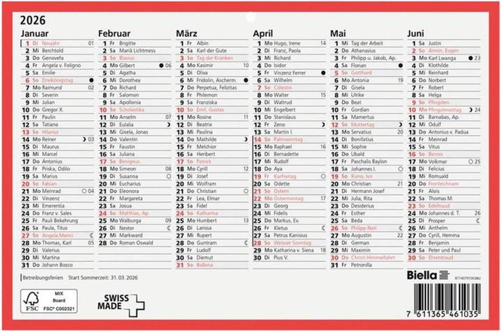 Produktbild Biella Tafelkalender (A5, Kein Einband, Deutsch)