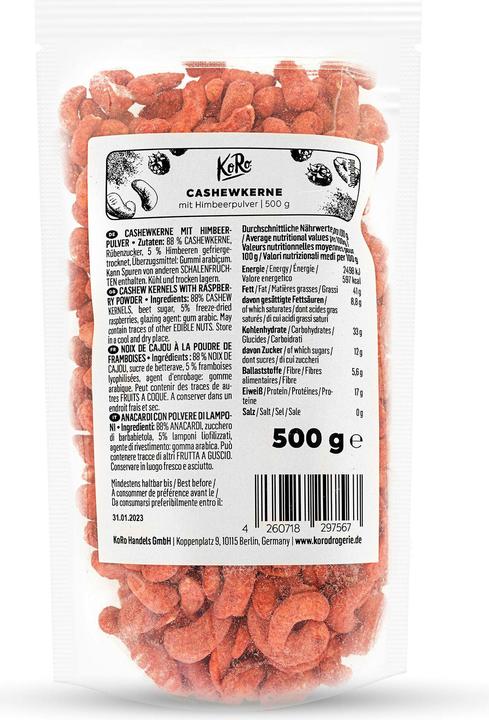 Valeurs nutritives et ingrédients KoRo Noix de cajou avec poudre de framboise (500 g)