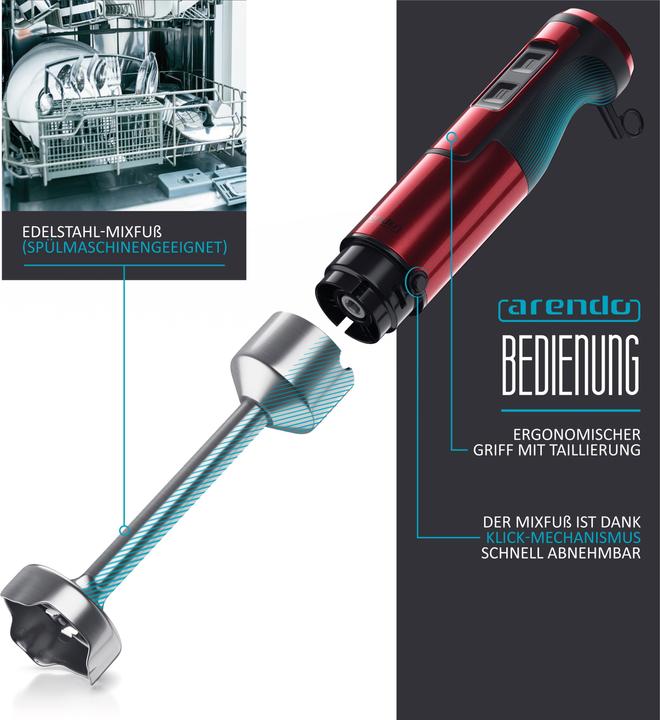 Produktbild Arendo Stabmixer 1000W mit DC Motor, Edelstahl Pürierstab, Turbotaste, abnehmbarer Mixfuss, Rot