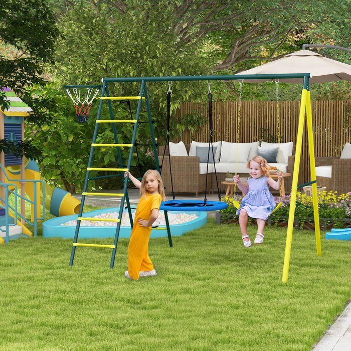 Image du produit Swisshandel24 Balançoire pour enfants 4in1 avec 2 balançoires, panier de basket, échelle, acier, jaune