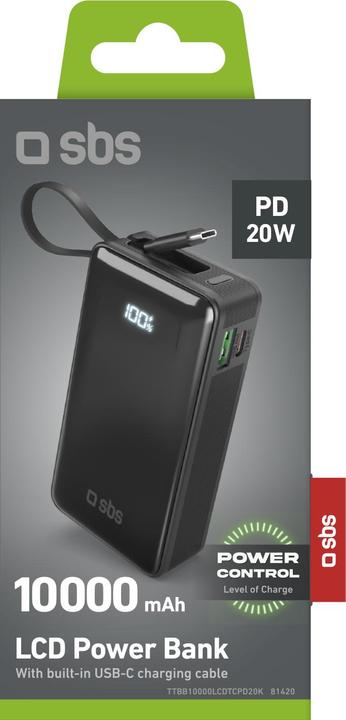 Actual product image SBS Power Bank 10,000 mAh with built-in USB-C cable (10000 mAh, 20 W, 37 Wh)