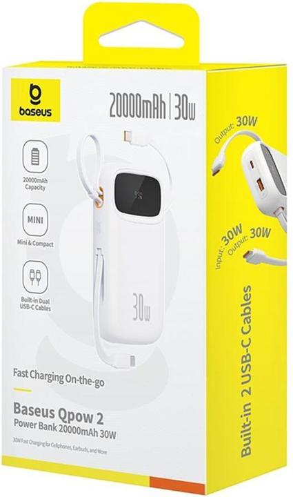 Actual product image Baseus Powerbank QPow 2 20000mAh 30W 2xUSB-C (white) (20000 mAh, 30 W, 30 Wh)