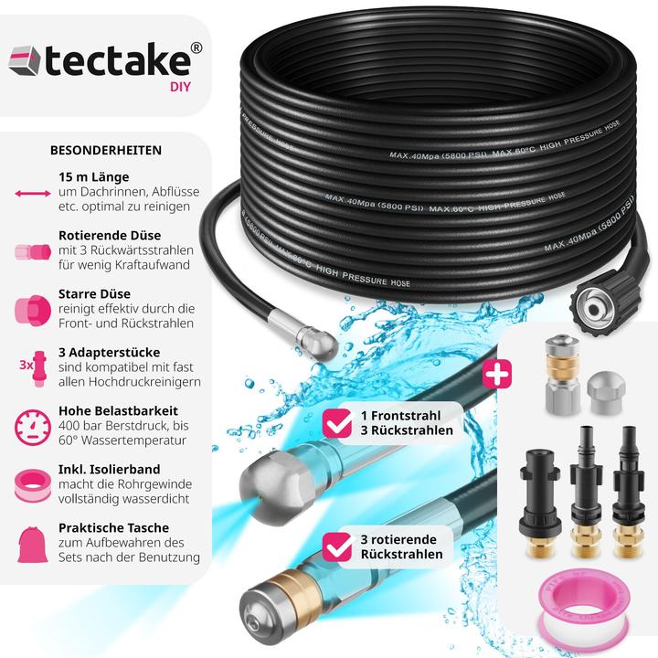 Immagine prodotto tectake Set di tubi per la pulizia dei tubi, inclusi 2 ugelli e 3 adattatori (1 pz.)