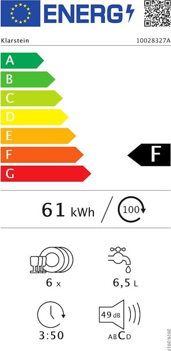 Energy Label Klarstein Amazonia 6 Luminance Table DishwasherF