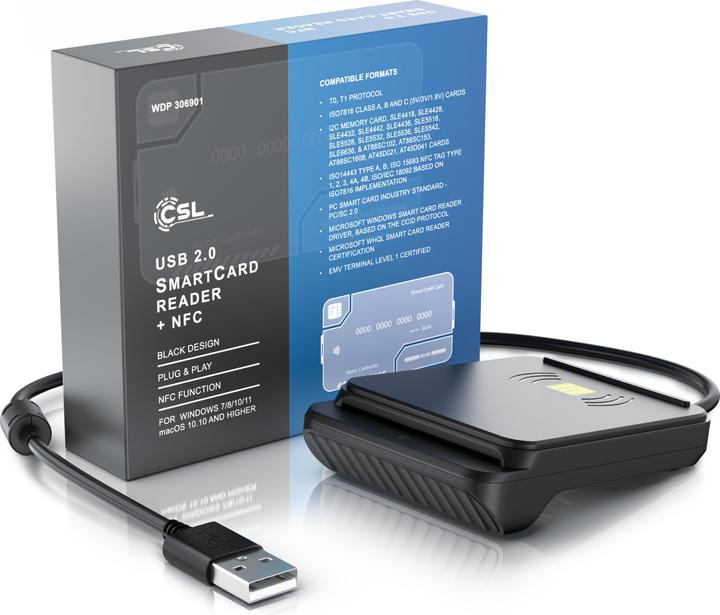 Image du produit CSL Lecteur de carte à puce USB, NFC, ISO 7816/14443, compatible avec Mac OS X & Windows 11, pour carte (USB)