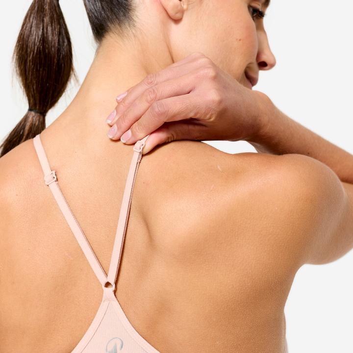 Produktbild Decathlon Sport-Bustier Damen gerippt nahtlos leichter Halt - rosa/blau Print (S)