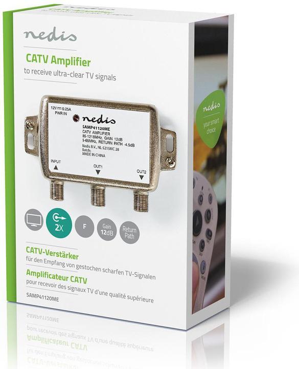 Image du produit Nedis SAMP41120ME Amplificateur CATV Gain : 12 dB 85-1218 MHz Nombre de sorties : 2 voie de retour Silb (Bloc d'alimentation)