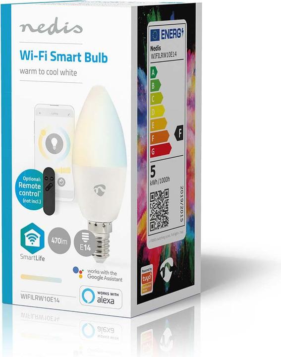 Produktbild Nedis WIFILRW10E14 SmartLife LED Bulb WLAN E14 470 lm 4.9 W Warm to Cool White 2700 - 6500 K Energie (E14, 4.90 W, 470 lm, 1 x, F)