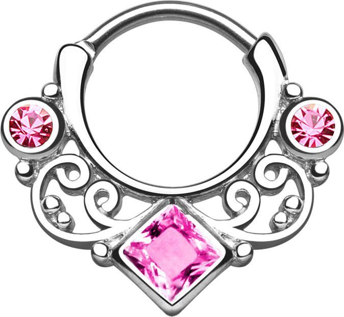 Produktbild Star Piercing Septum mit zwei runden und einem grossen viereckigem Kristall pink (Messing, Chirurgenstahl 316L)