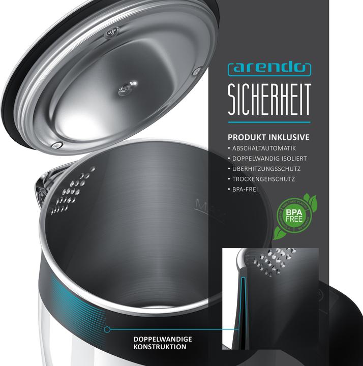 Produktbild Arendo Wasserkocher 0,5 l, 1100 W, Edelstahl Single Reisewasserkocher Mini, Temperatureinstellung, weiss (0.50 l)