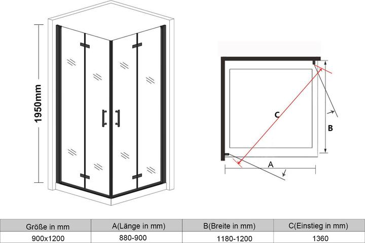 Produktbild SONNI Falttür, Duschabtrennung, Eckeinstieg, Duschkabine, 90 x 120 cm, schwarz, 6 mm, Glas, 180 Grad (120 cm, 90 cm, 195 cm)