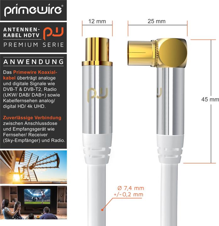 Actual product image Primewire Antenna cable angled, coaxial cable 75 Ohm HDTV, radio, DVB-T DVB-T2 DVB-S2 TV antenna cable (135 dB, Antenna cable)