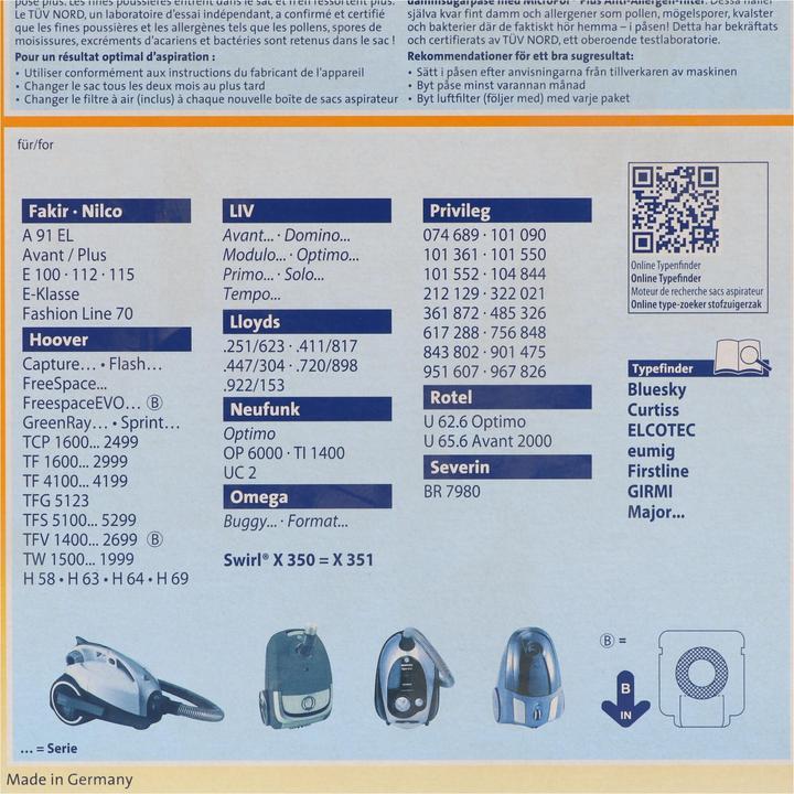 Actual product image Swirl Vacuum Cleaner Bag X351 (X350) MicroPor Plus for Hoover and LIV Vacuum Cleaners