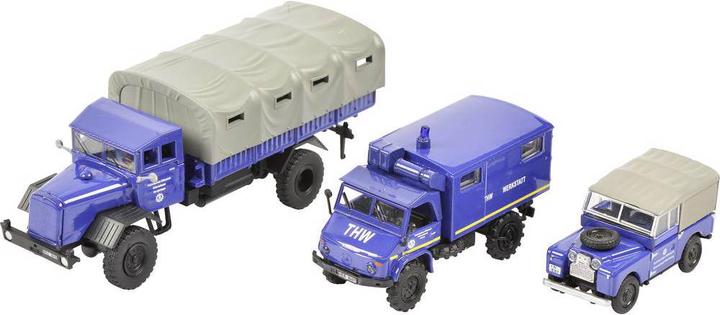 Schuco 452656000 H0 Land Rover, Mercedes Benz set of 3 THW, Land Rover, Unimog 404, MB LG 315