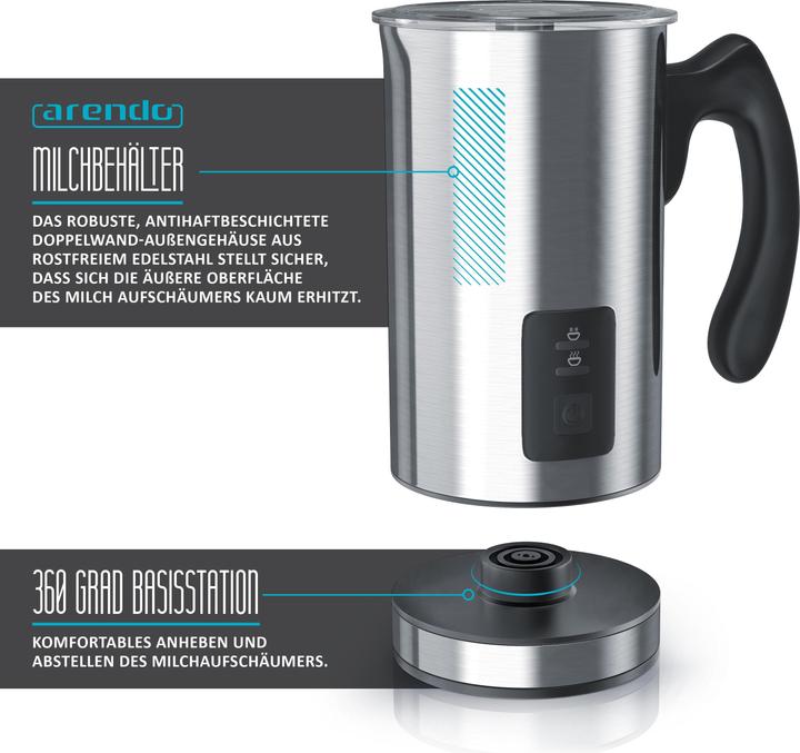 Immagine prodotto Arendo Montalatte, 500 W, montalatte automatico in acciaio inox - MILKSKY Silver (24 cl)