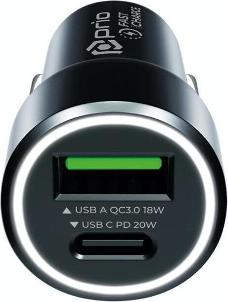 Actual product image prio Fast Charge Car Charger 20W PD (USB C) + QC 3.0 (USB A) black