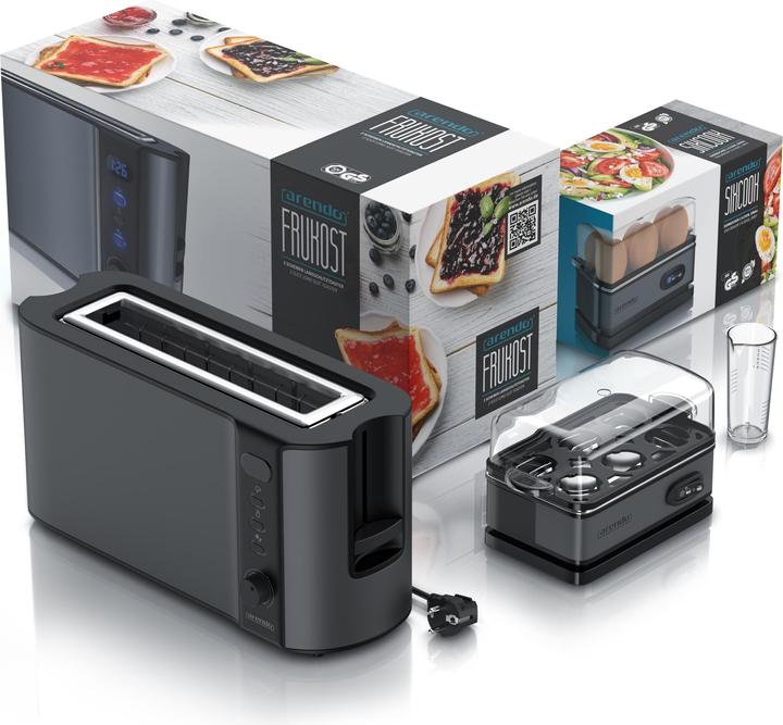 Actual product image Arendo Breakfast set, 2-slice long slot toaster with bread roll top & egg boiler for 6 eggs, grey (EU plug)