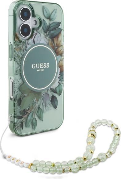 Actual product image Guess GUHMP16MHFWBRCESN iPhone 16 Plus 6.7" zielony/green hardcase IML Flowers With Pearl Strap MagS