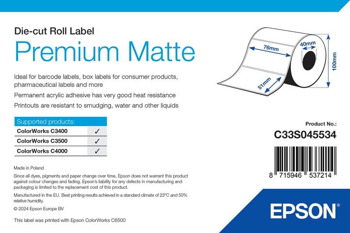Immagine prodotto Epson C33S045532 Etichette formato opaco fustellato 76mm x 51mm 650 PU=1 TM-C 3400 3500