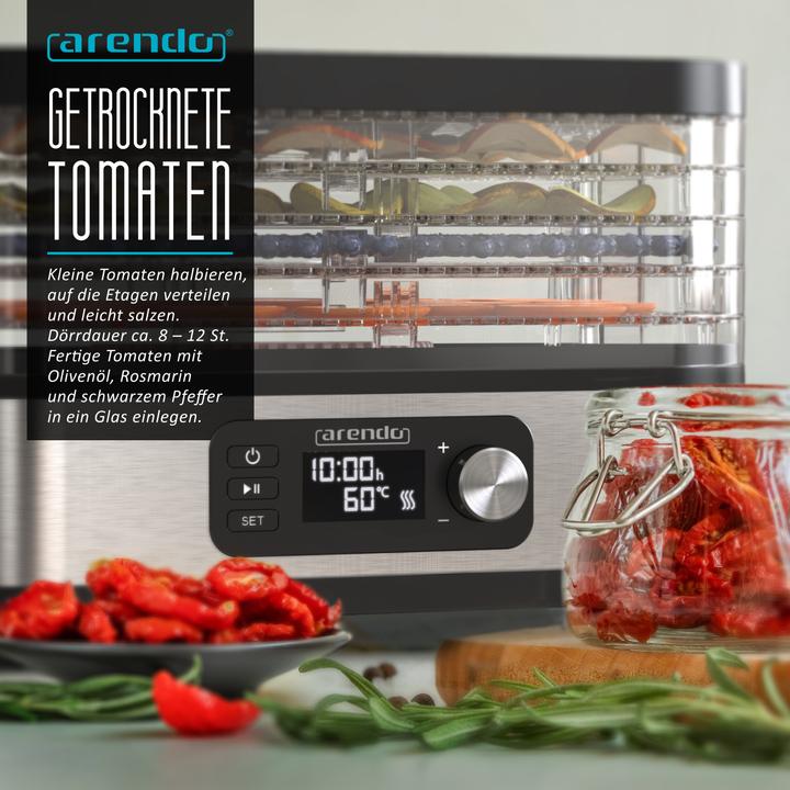 Image du produit Arendo Dörrautomat mit Temperaturregler, 5 Etagen, 35-70°C, Edelstahl, Dörrgerät 400 W, Timer 24h, BPA-frei