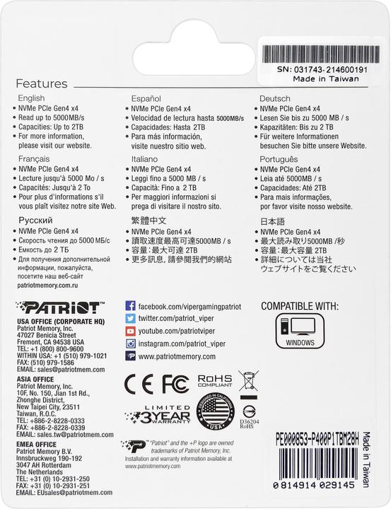 Image du produit Patriot P400 SSD 1 TO (1000 Go, M.2 2280)